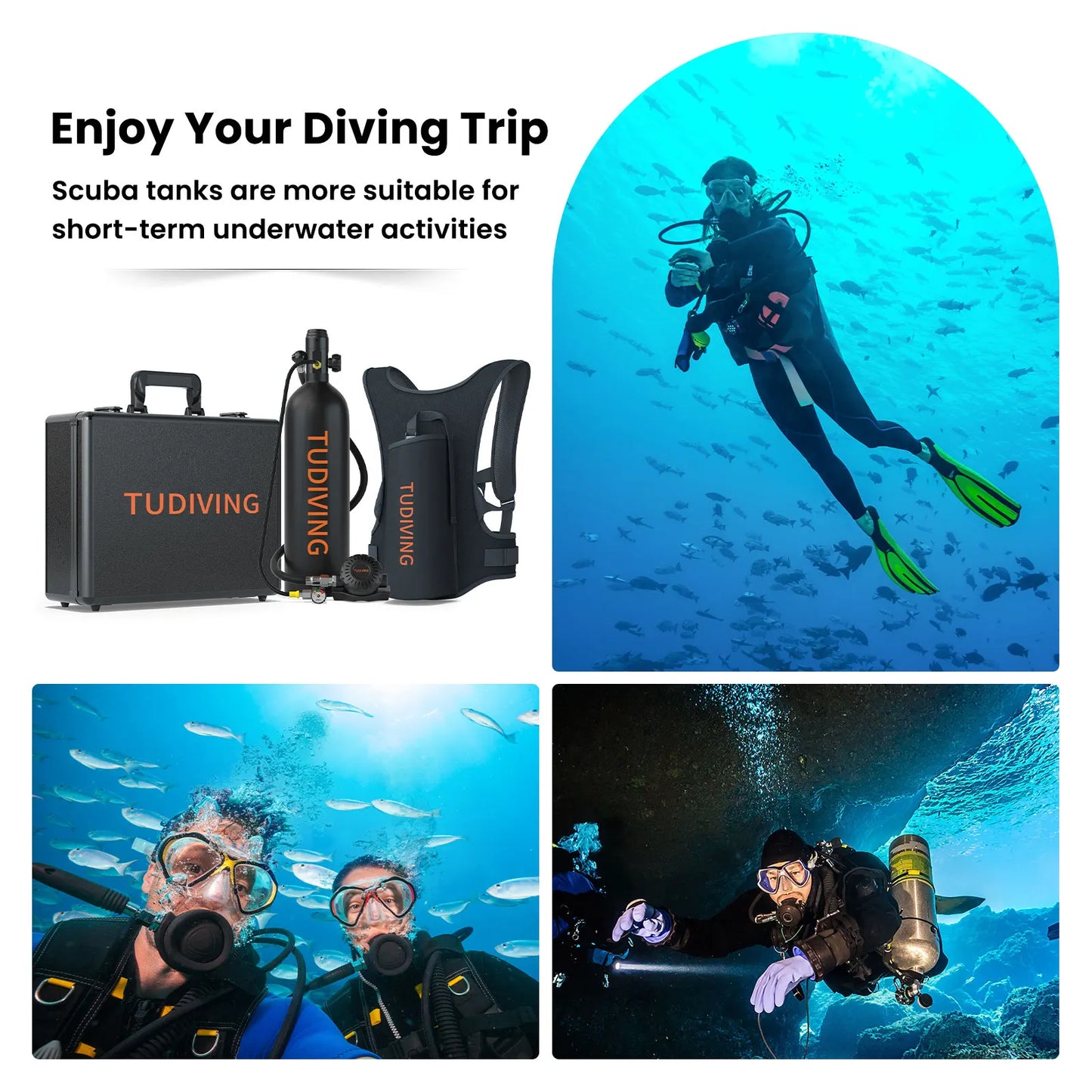 TUDIVING-2L Portable Scuba Diving Tank Support 30-45 Minutes Breath,4500Psi Scuba Diving Cylinder,Refillable Scuba Bottle