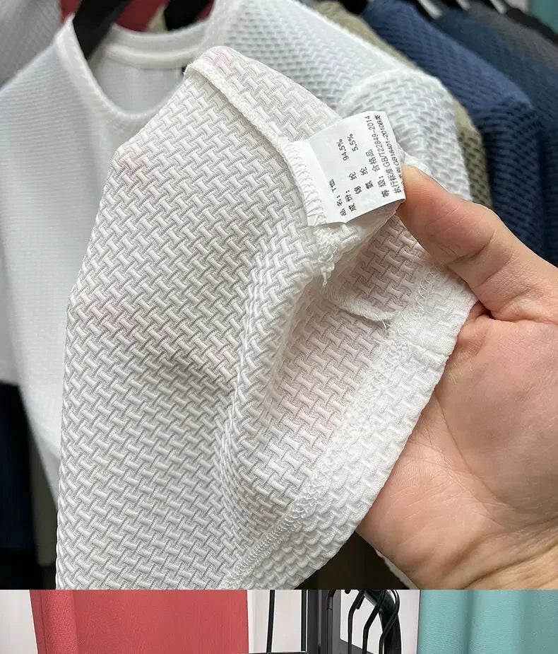 Summer O-Neck T-Shirts Men Ice Silk Mesh Breathable Half Sleeve Top Solid Color Thin Casual Cool Quick-dry Short Sleeve T Shirts