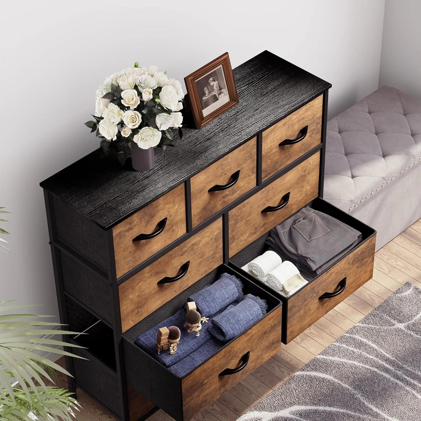 Dresser for Bedroom with 9 Drawers - Fabric Storage Tower, Tall Chest Organizer Unit for Living Room, Entryway, Closets, Brown