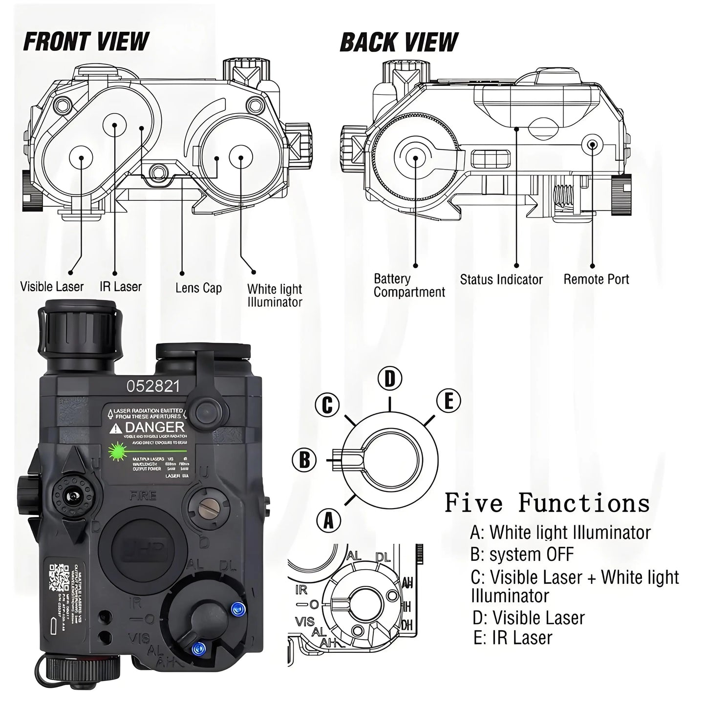 Airsoft PEQ15 UHP Visible Green Laser with IR & White LED Flashlight, Battery Powered