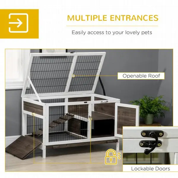 PawHut Indoor Rabbit Hutch Wooden Guinea Pig Cage with Tray Lockable Doors Coffee