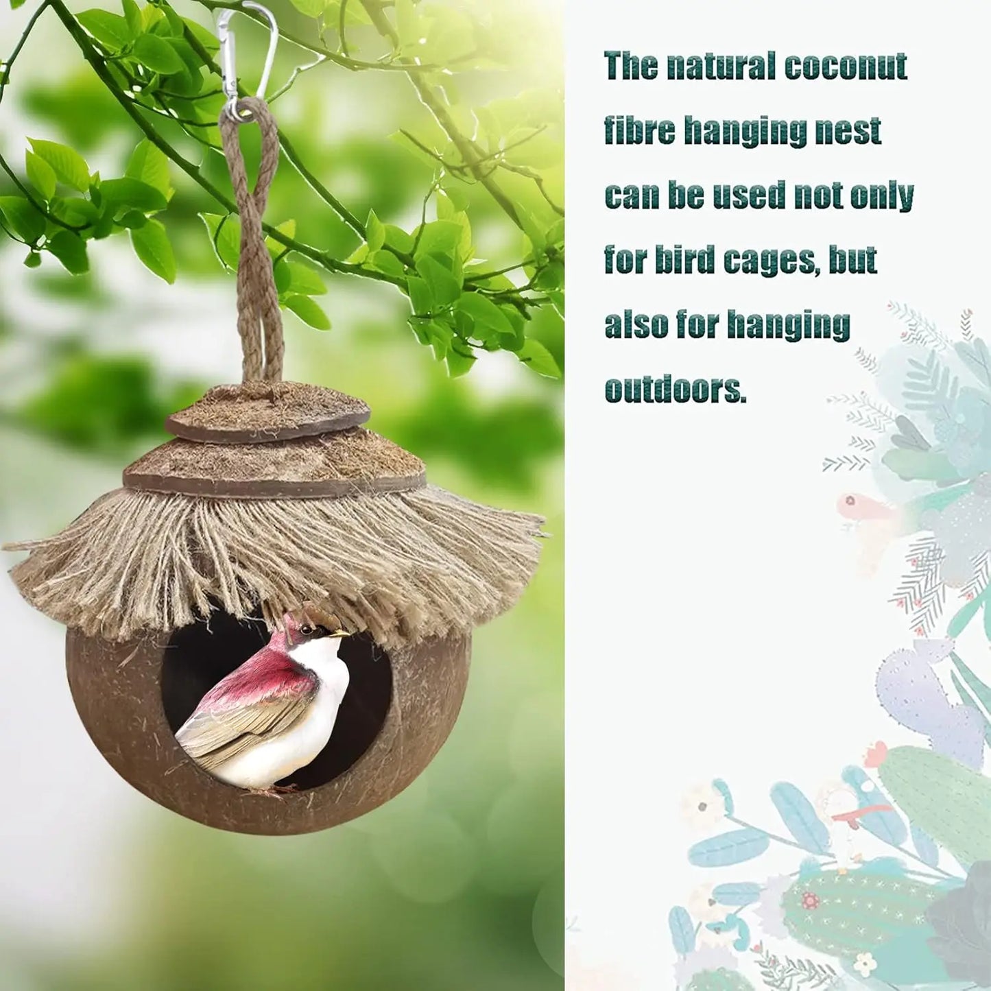 Coconut skin with rings, natural coconut fiber hanging birdcage, parrot coconut shell breeding house