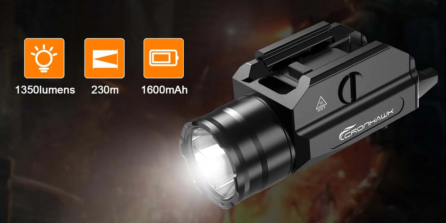 Tactical Metal Pistol Light 1350 Lumen Airsoft Weapon Light Fit 20mm Picatinny Rail Mounted Powerful Strobe Handgun Flashlight