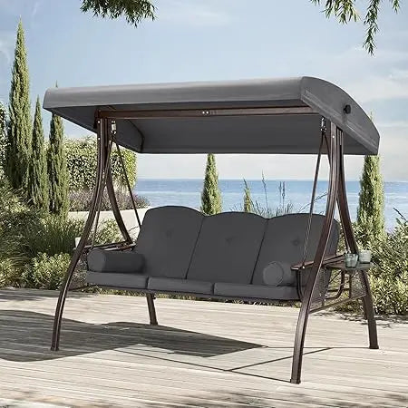 3 Person Outdoor Porch Swing with 1.5" Upgraded Cup Holder, Adjustable Canopy, Backrest, Patio Swing Bed with Weather Resistant