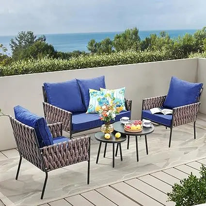 4-Piece Patio Furniture Set, Wider Outdoor Metal Seating Sofa with High Back & Loveseat, Coffee Table, All Weather Metal Convers