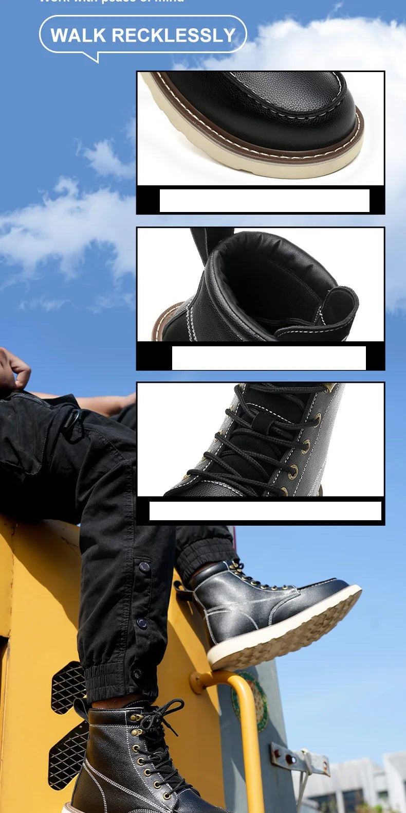 Two layer cowhide men's anti-smash anti-puncture high top work safety shoes