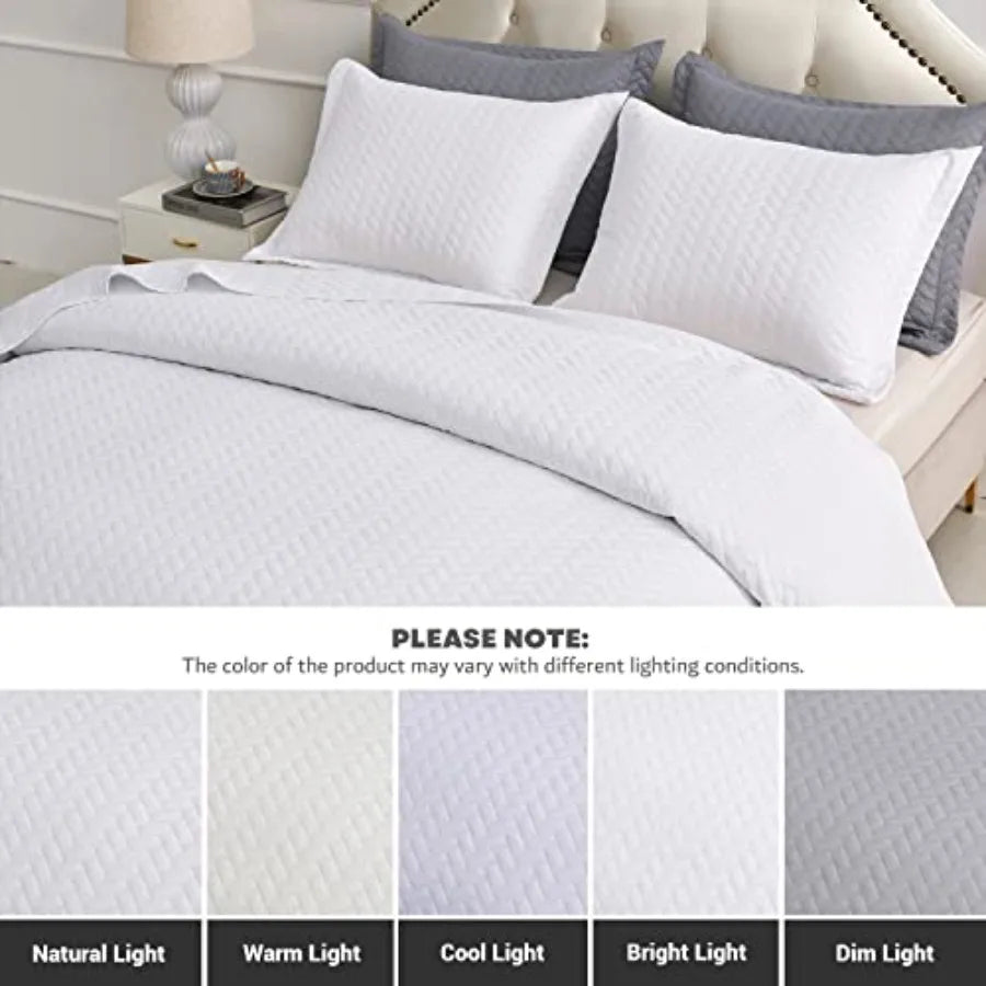 White Quilt Set Queen Size Chevron Pattern 3 Piece for Modern Bedroom Decor Soft and Cozy Textured Bedding Set with Elegant Geo