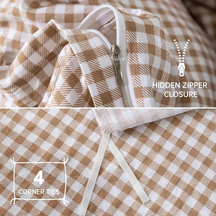 Tan Gingham Duvet Cover Bedding Set Prewashed Extra Soft Comfy Breathable 3 Piece Brown Plaid Checkered Grid Vintage Comforter