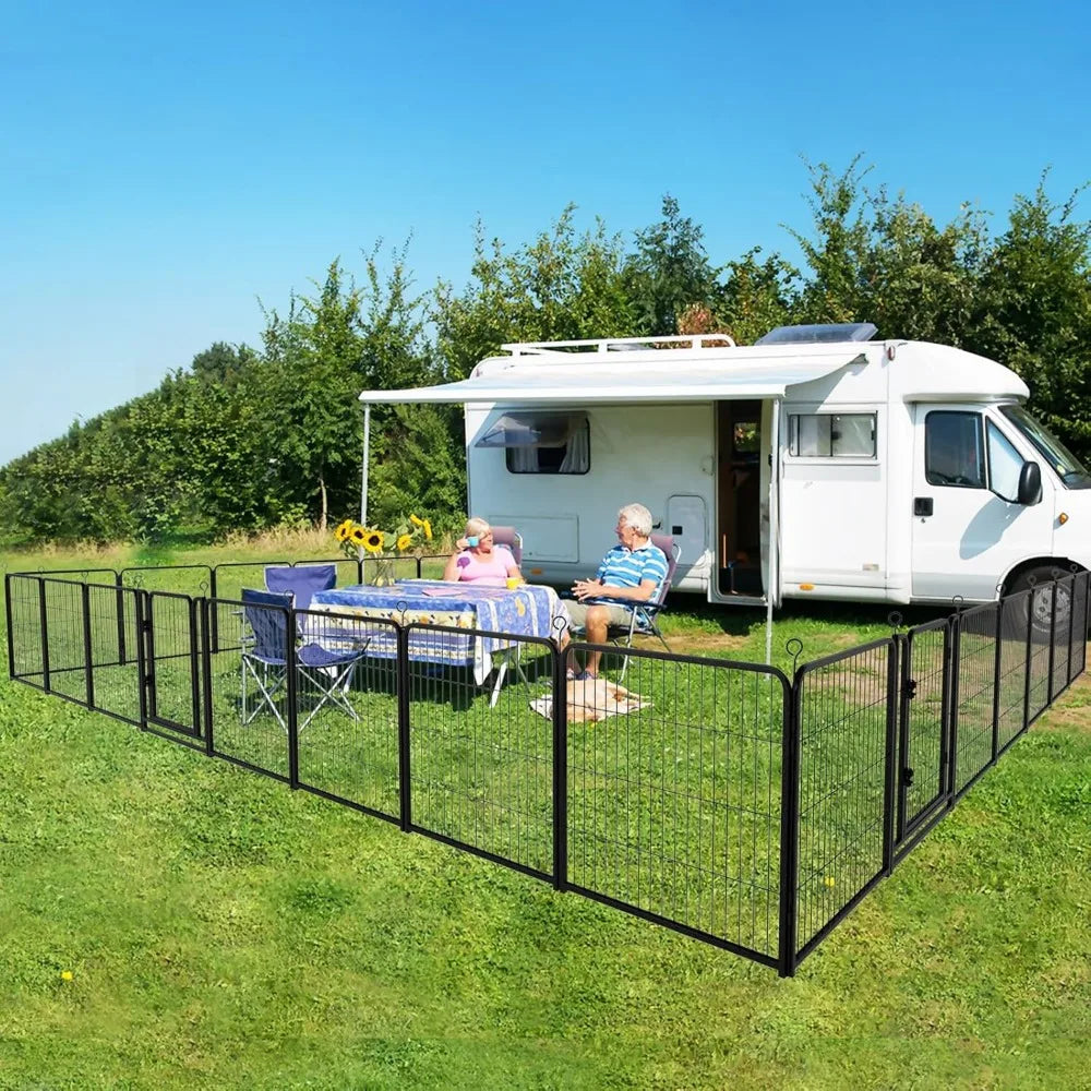 outdoor extra wide 32-panel heavy duty anti-rust dog fence with door, portable for rv, camping, and yard use