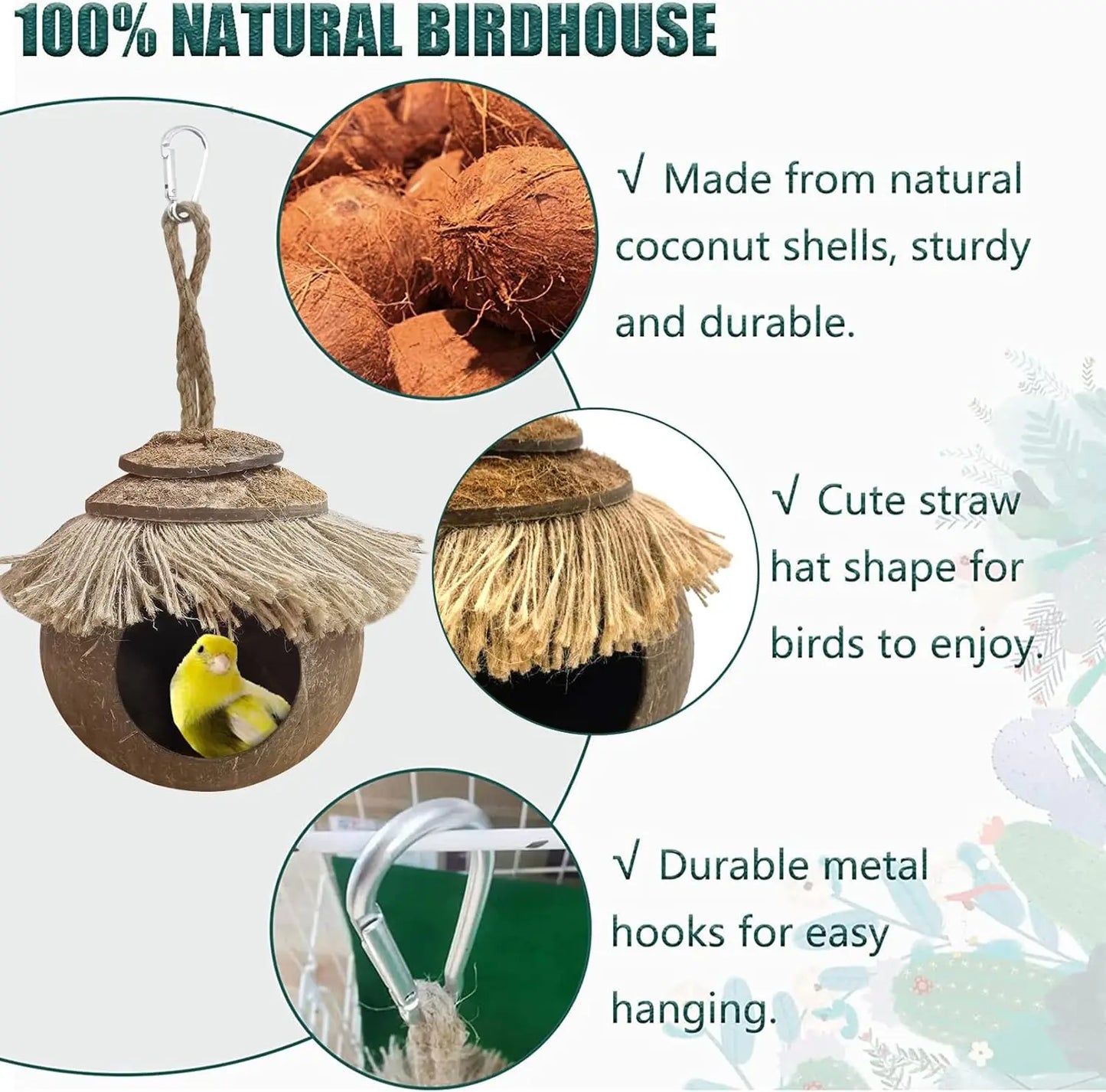 Coconut skin with rings, natural coconut fiber hanging birdcage, parrot coconut shell breeding house