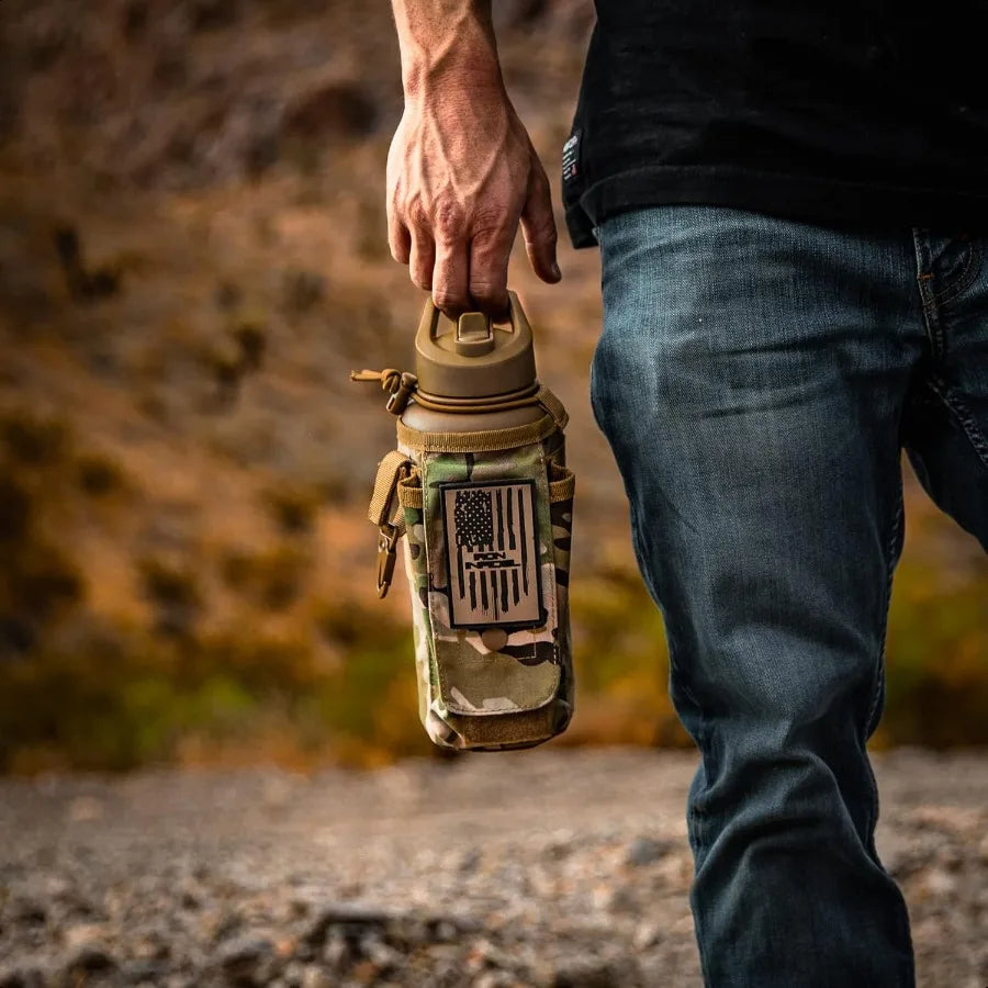 Battle Bottle 32 Oz Insulated Water Bottle with Straw Lid Chug Cap Stainl Steel Metal Tactical Flask With Red Removable Sleeve