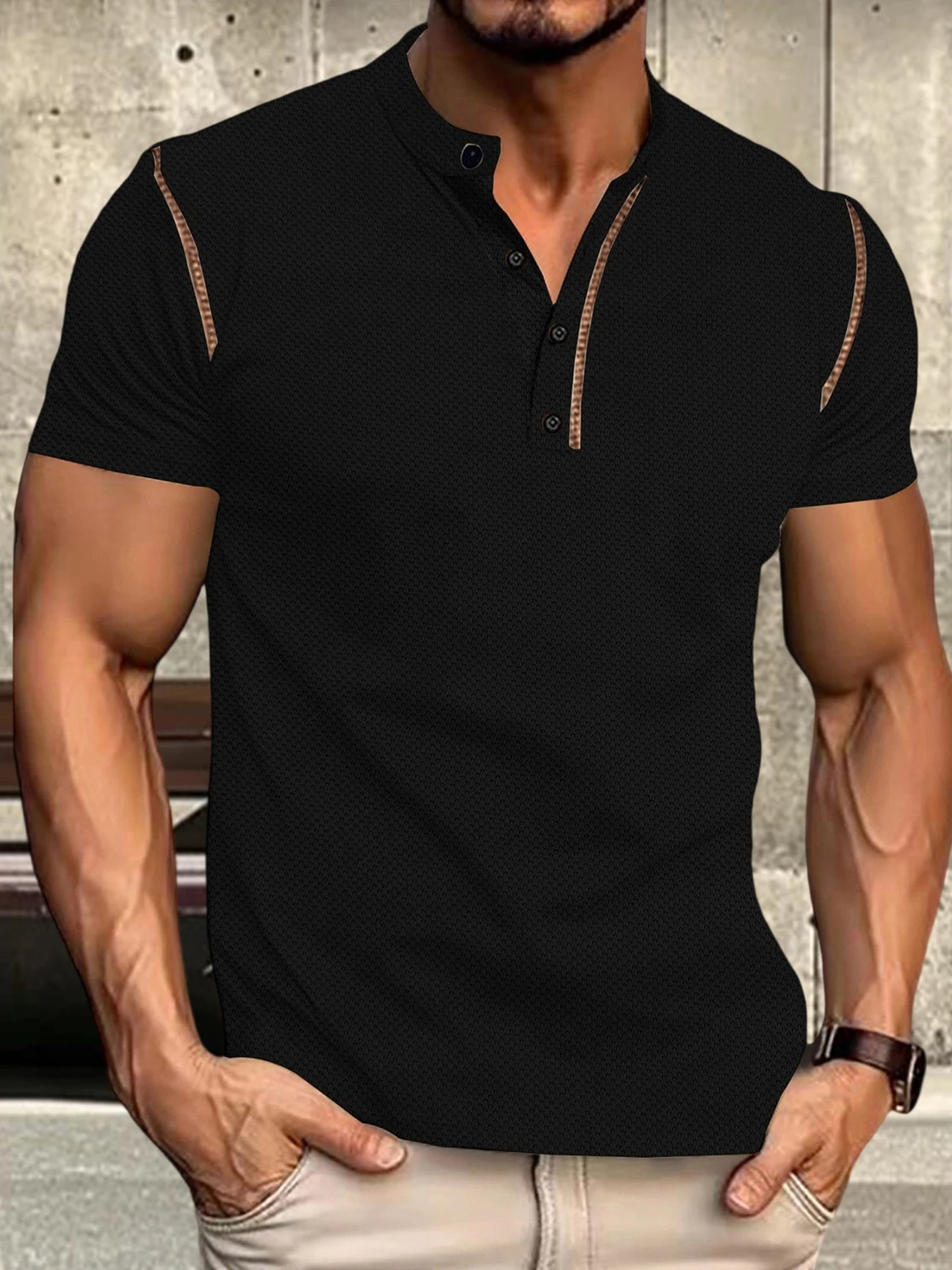 Men s Fit Henley Short Sleeve T-Shirt with Contrast Stitching Casual Summer Top for Streetwear Style