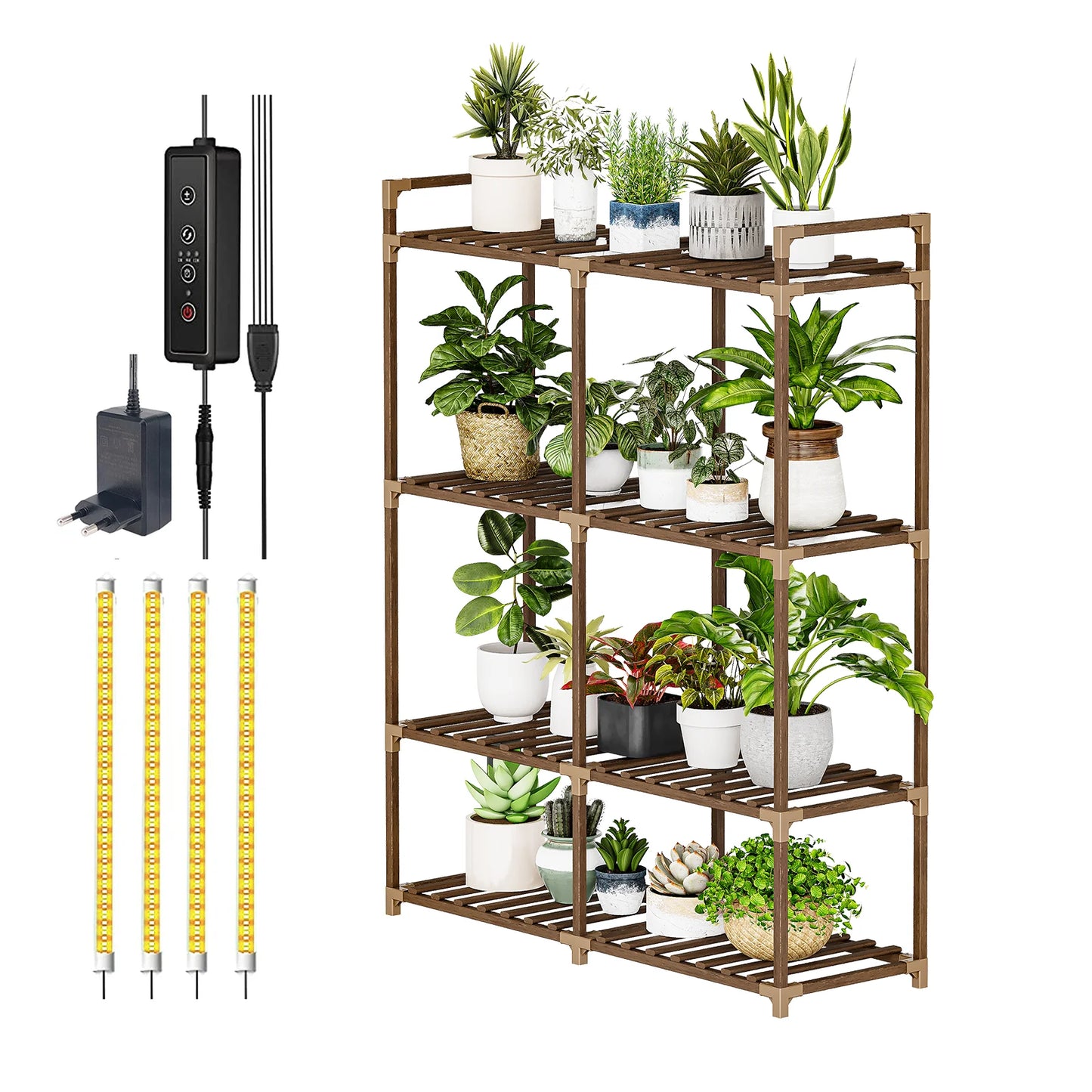 Bamworld Large Plant Stand with Grow Lights for Indoor Plants 4 Tier Wood Plant Shelf Flower Stand for Patio Living Room Balcony