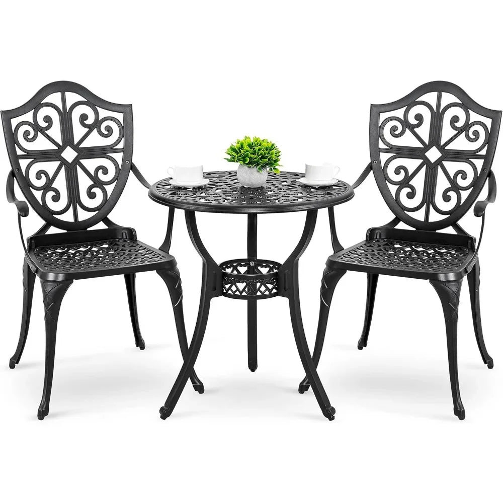 3 Piece Outdoor, Cast Aluminum Patio Bistro Sets with Umbrella Hole, Bistro Table and Chairs Set of 2 for Patio Backyard