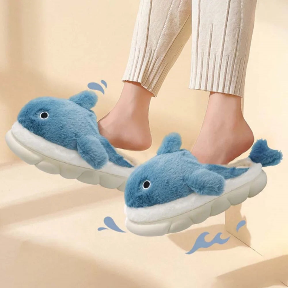 Soft Plush Sharky Slides For Wome&Men,Whale Shark Fuzzy Slippers With Anti-Skid Winter Cute Couple House Slippers Christmas Gift