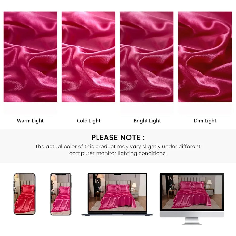 Luxurious Silk-Like Queen Size Satin Bedding Set in Hot Pink with Comforter and Sheets
