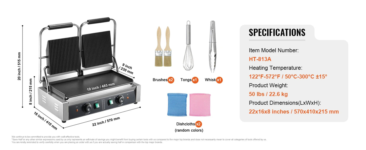 SucceBuy Commercial Panini Grill 3600W Electric Sandwich Panini Maker with Temp Control And 19"x9" for Hamburger Steak Bacon