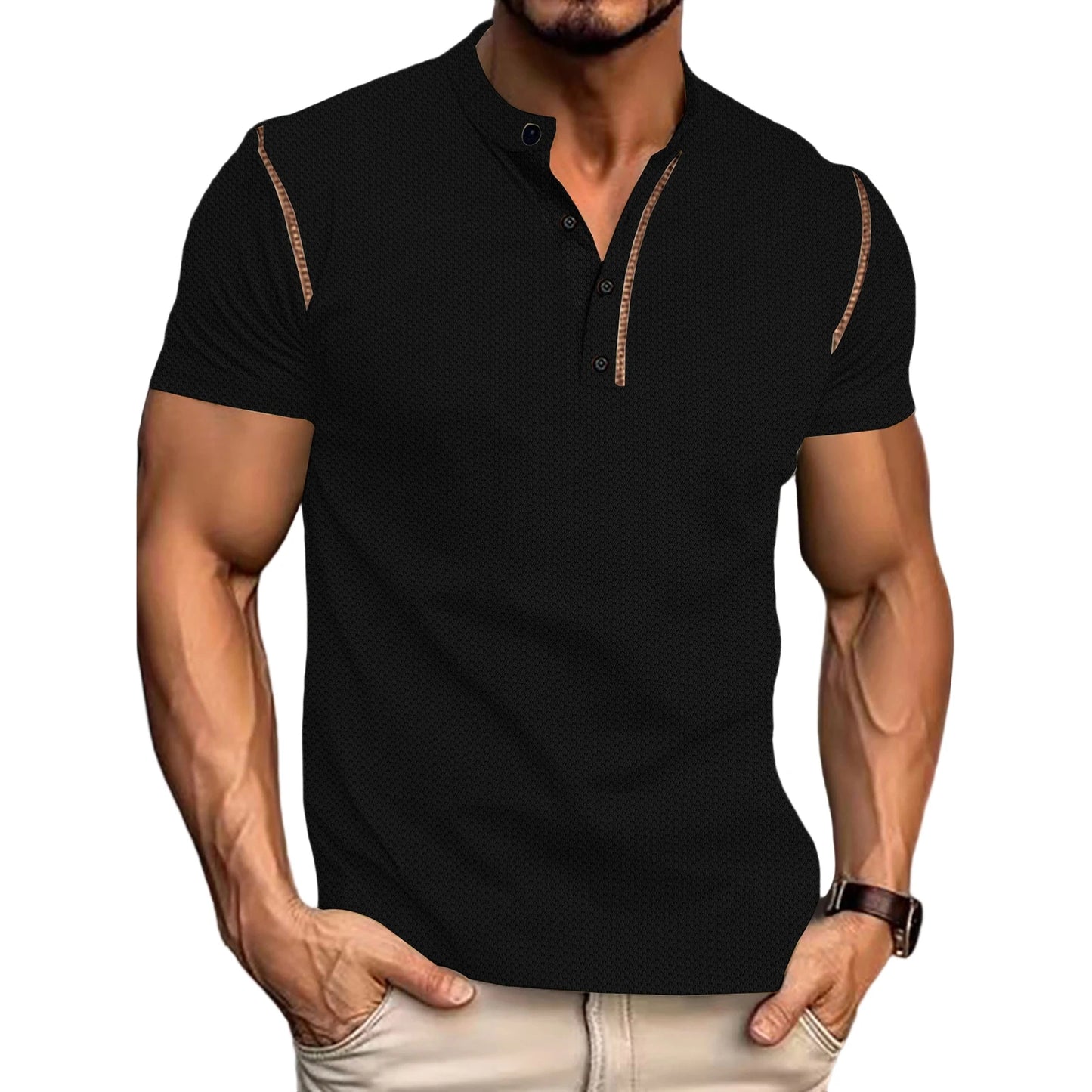 Men s Fit Henley Short Sleeve T-Shirt with Contrast Stitching Casual Summer Top for Streetwear Style
