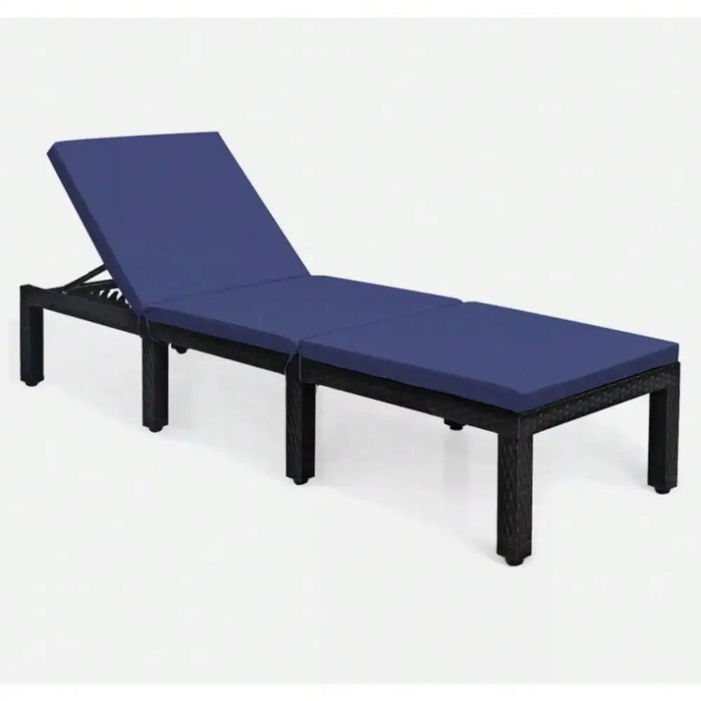 Patio Lounge Chair Rattan Chaise w/ Adjustable Navy & White Cushioned