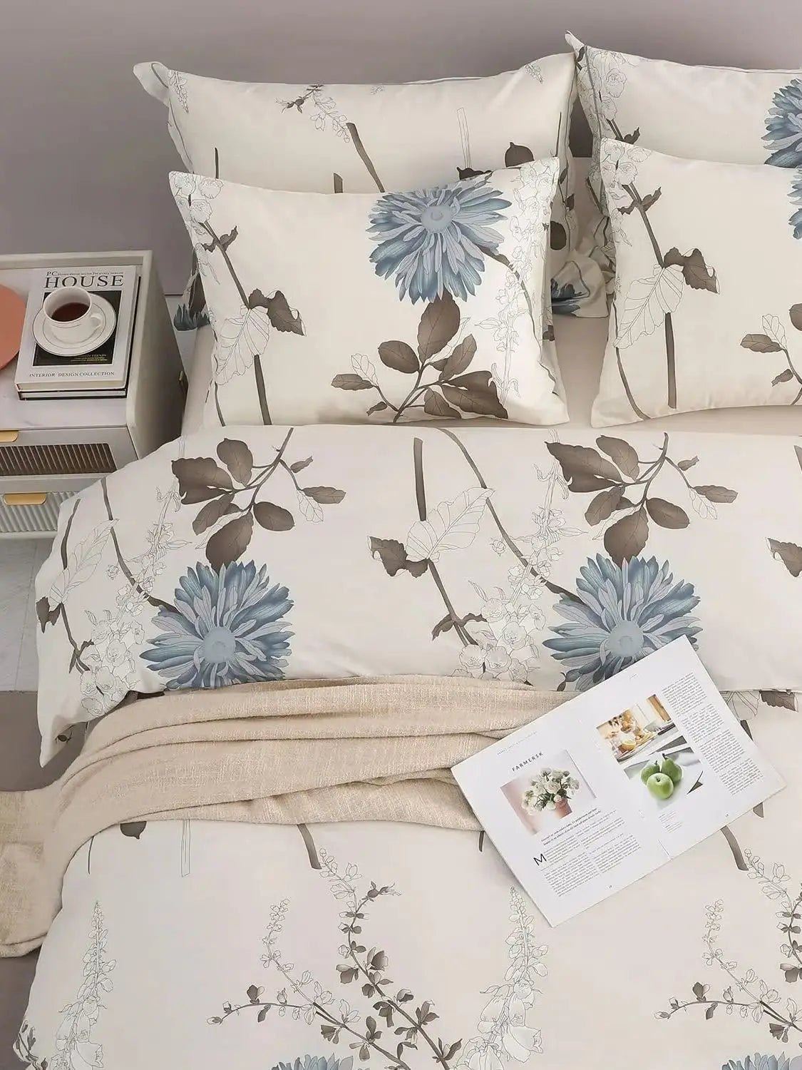 SLEEPBELLA Comforter 600 Thread Count Cotton Brown Branches and Blue Flowers Off-White Comforter Down Alternative Bedding Sets