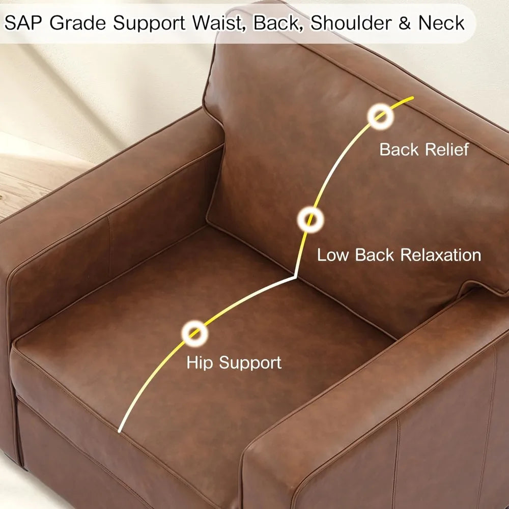 Mid-Century Modern 3-Seat Brown PU Faux Leather Sofa with Solid Wood Legs for Living Room, Bedroom, or Office