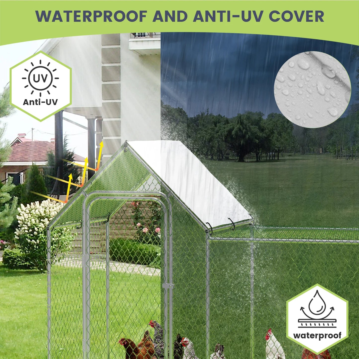Large Metal Chicken Coop, Chicken Run with Waterproof and Anti-UV Cover, Walk-in Chicken Pen for 6/10 Chickens Rabbits Duck