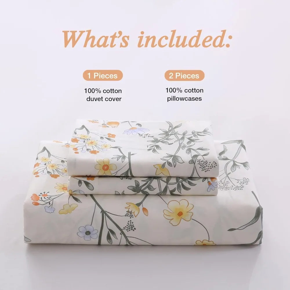 100% Cotton Duvet Cover Queen Size, Floral Reversible Duvet Cover Set with Zipper Closure, Soft 3 Pieces Bedding Set with 2 Pill