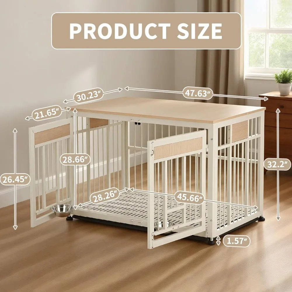 48 Inch Heavy Duty Dog Crate Furniture with Removable Tray & 2 Feeders, Decorative Pet House End Table, Extra Large Wooden