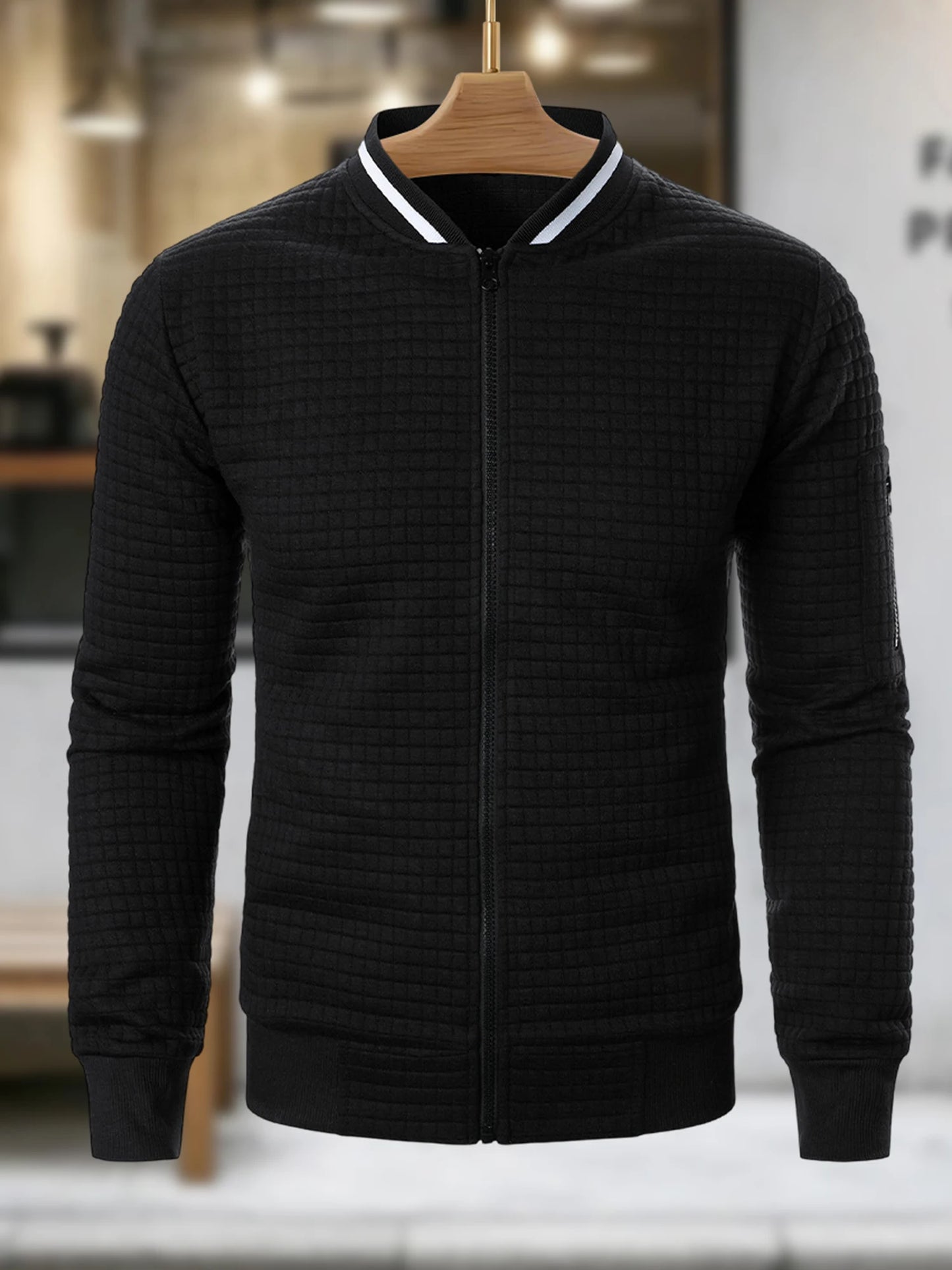 Men s Casual Fit Zipper Up Lightweight Stand Collar Jacket Spring Fall Coat with Contrast Color Detail