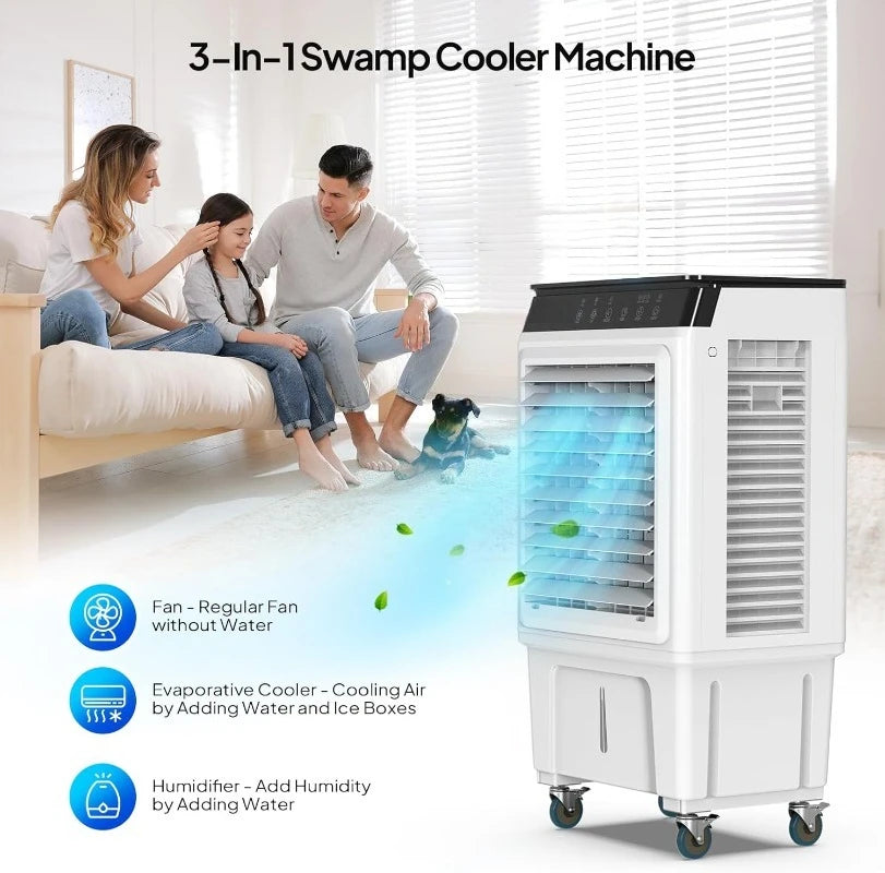 2300CFM Portable Air Cooler, 7.9Gal/30L Evaporative Swamp Cooler, 3-IN-1 Cooling Fan with Remote Control, 12H Timer & 4 I