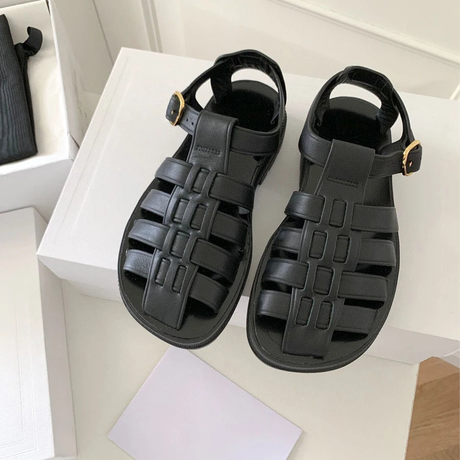 23SS Top Quality Brown Casual Gladiator Platform Heel Sandals Dress Shoes Real Leather Ankle Strap Buckle Luxury Designer Flat