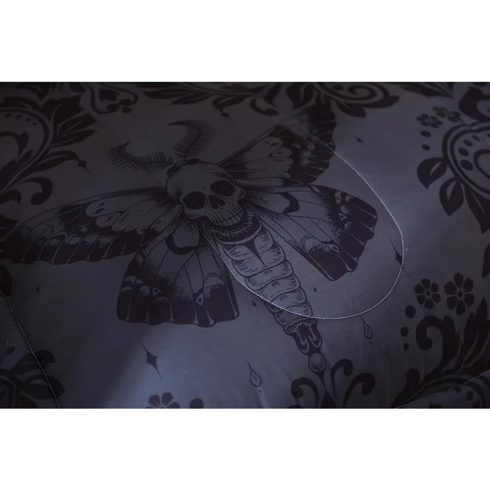 Adults Gothic Comforter Set King Size Dark Olive Green Damask Comforter Death Moth Bohemia Boho Bedding Set Goth Skull