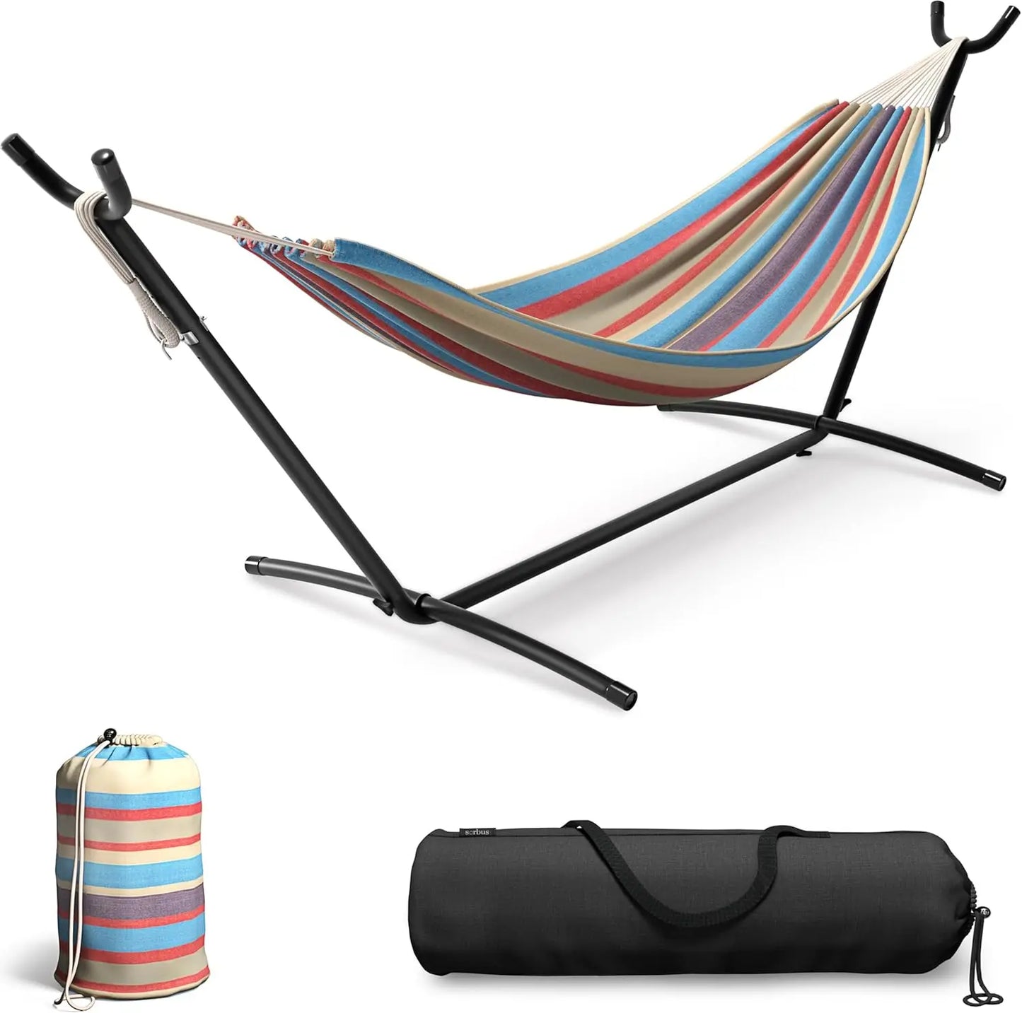 Premium 2-Person Hammock Set - 60" Cotton Blend w/Steel Stand & Carry Bag, 450LB Capacity