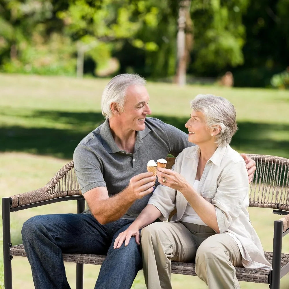 Outdoor Loveseat Bench,46.8 Inches Wicker Frame Patio Bench, All Weather Outdoor Bench with Rattan Backrest Armrests and Metal L