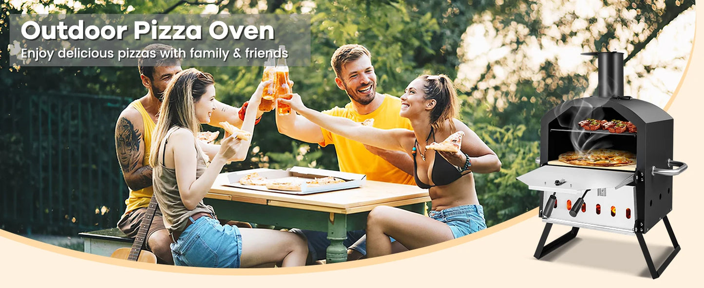 Outdoor Pizza Oven Wood Fired 2-Layer Pizza Maker with Pizza Stone Pizza Peel Removable Cooking Rack Waterproof Cover Folding Le