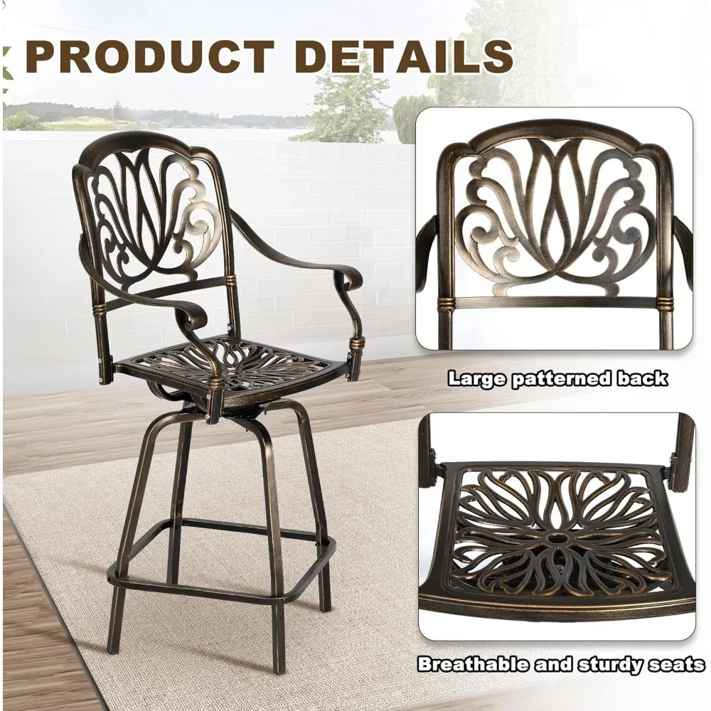 Outdoor Cast Aluminum Swivel Bar Stools Set of 2, Patio Height Bartools Chairs, 2 Piece Patio High Dining Bistro Chairs
