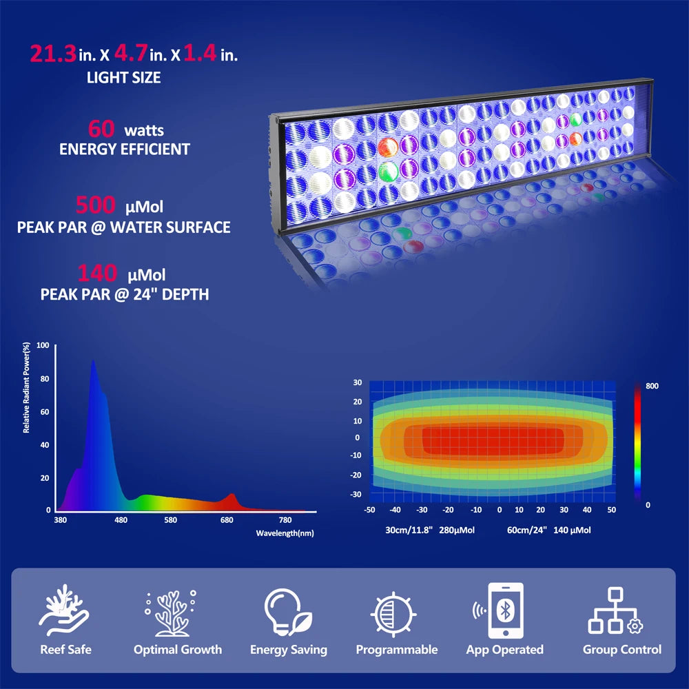 NEW Popbloom WiFi Aquarium LED Lighting, Marine Aquarium Lamp for 60CM/24" Reef Corals SPS/LPS Saltwater Fish Tank Light H54