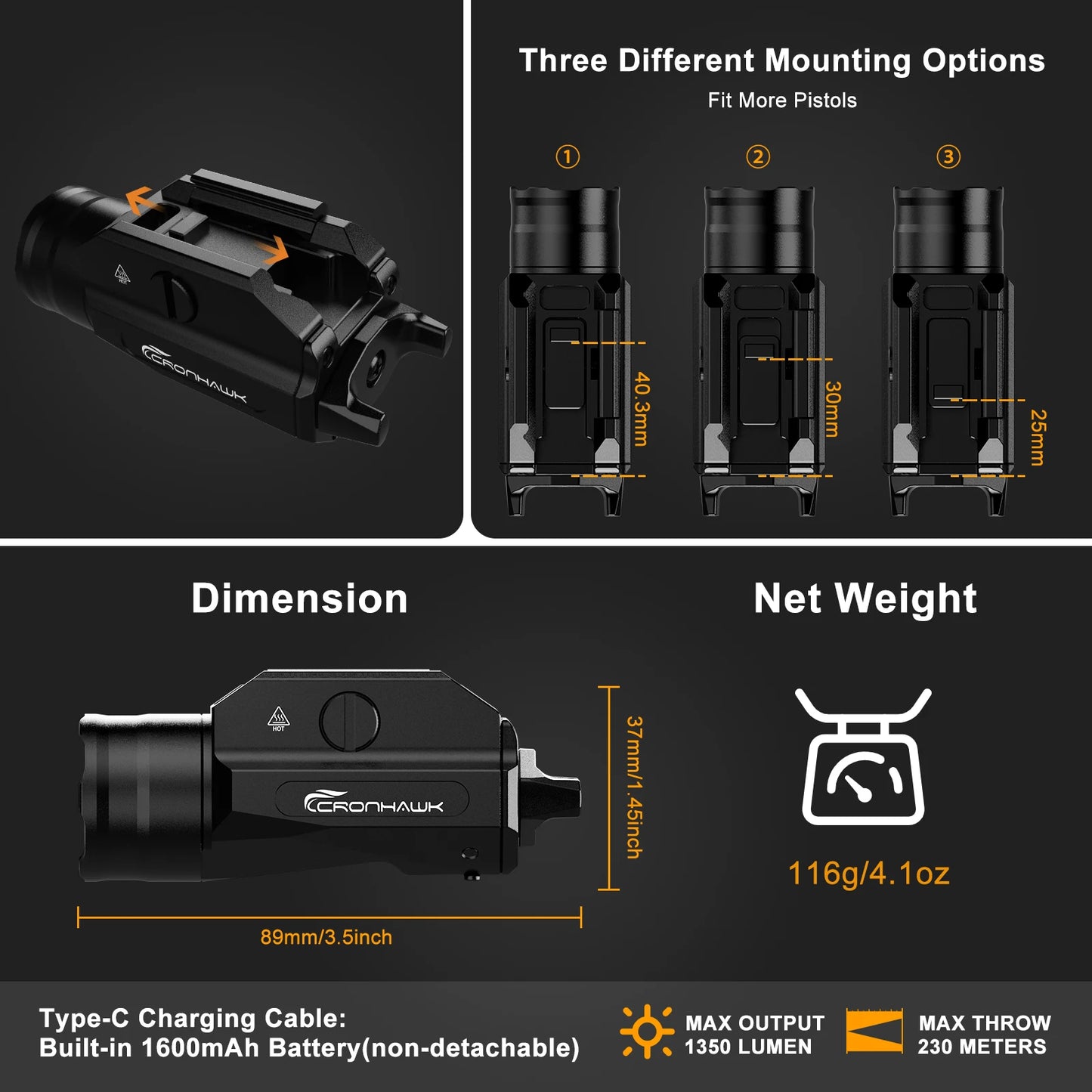 Tactical Metal Pistol Light 1350 Lumen Airsoft Weapon Light Fit 20mm Picatinny Rail Mounted Powerful Strobe Handgun Flashlight