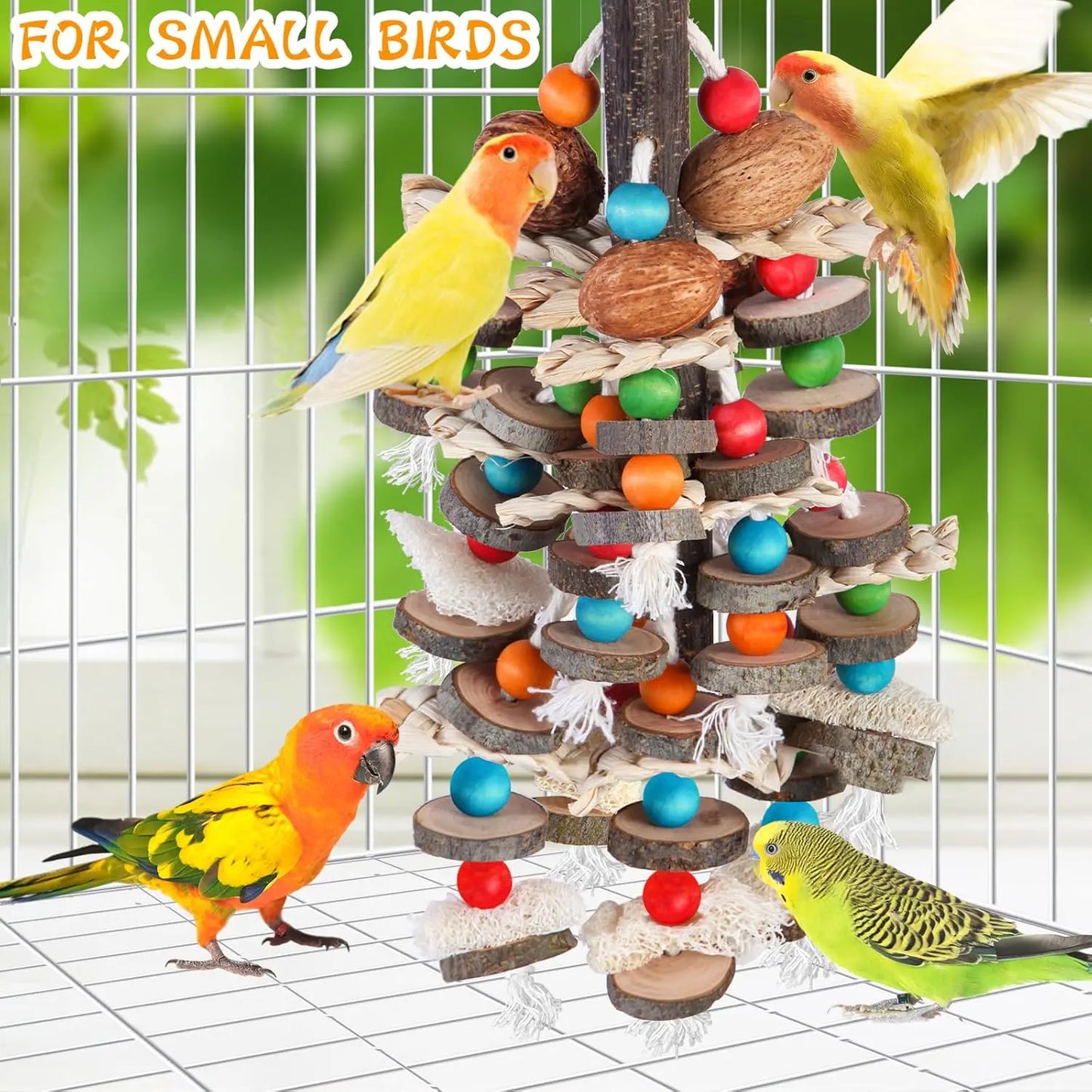Large parrot toy, bird chew toy, natural nut, corn, loofah, wooden birdcage toy