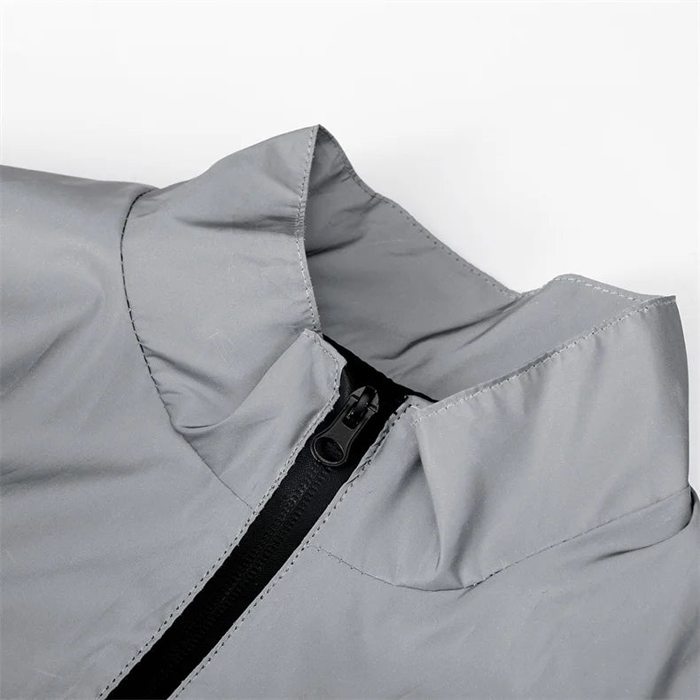 Fashion Men Night Reflective Jacket Stand Collar Splicing Spring Autumn Casual Jacket Bicycle Hip-hop Dance Streetwear Man Coat