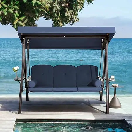 3 Person Outdoor Porch Swing with 1.5" Upgraded Cup Holder, Adjustable Canopy, Backrest, Patio Swing Bed with Weather Resistant