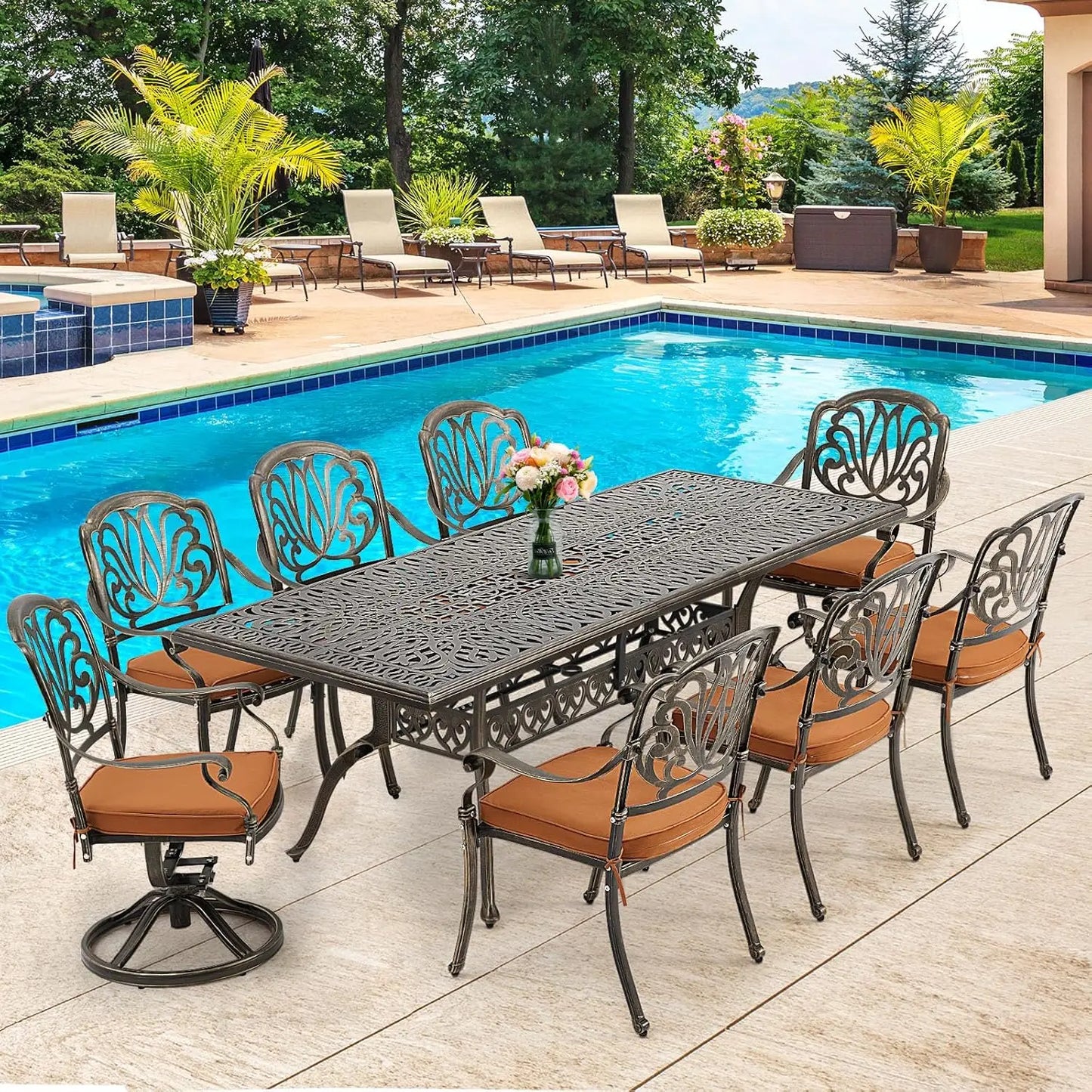 All Aluminum Patio Furniture Set: 9-Piece Outdoor Dining Set with 8 Cushioned Dining Chairs,Metal Patio Furniture set,