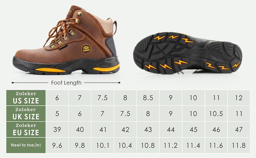 Zoleker Hike Boots for Men,Soft Toe, Slip Resistant Safety Shoes, Waterproof Anti-Fatigue Brown
