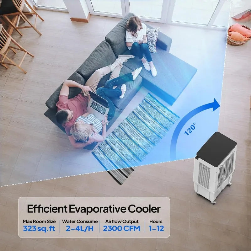 2300CFM Portable Air Cooler, 7.9Gal/30L Evaporative Swamp Cooler, 3-IN-1 Cooling Fan with Remote Control, 12H Timer & 4 I