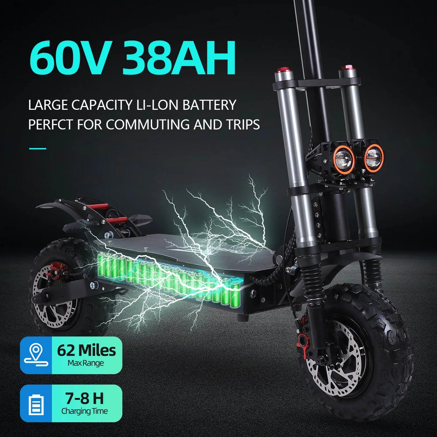 Portable Electric Scooter With 11'' Off Road Vacuum Tire,6000W 60V 38Ah High Power,Max Speed 80-85KMH,Dual Motor Drive E-scooter