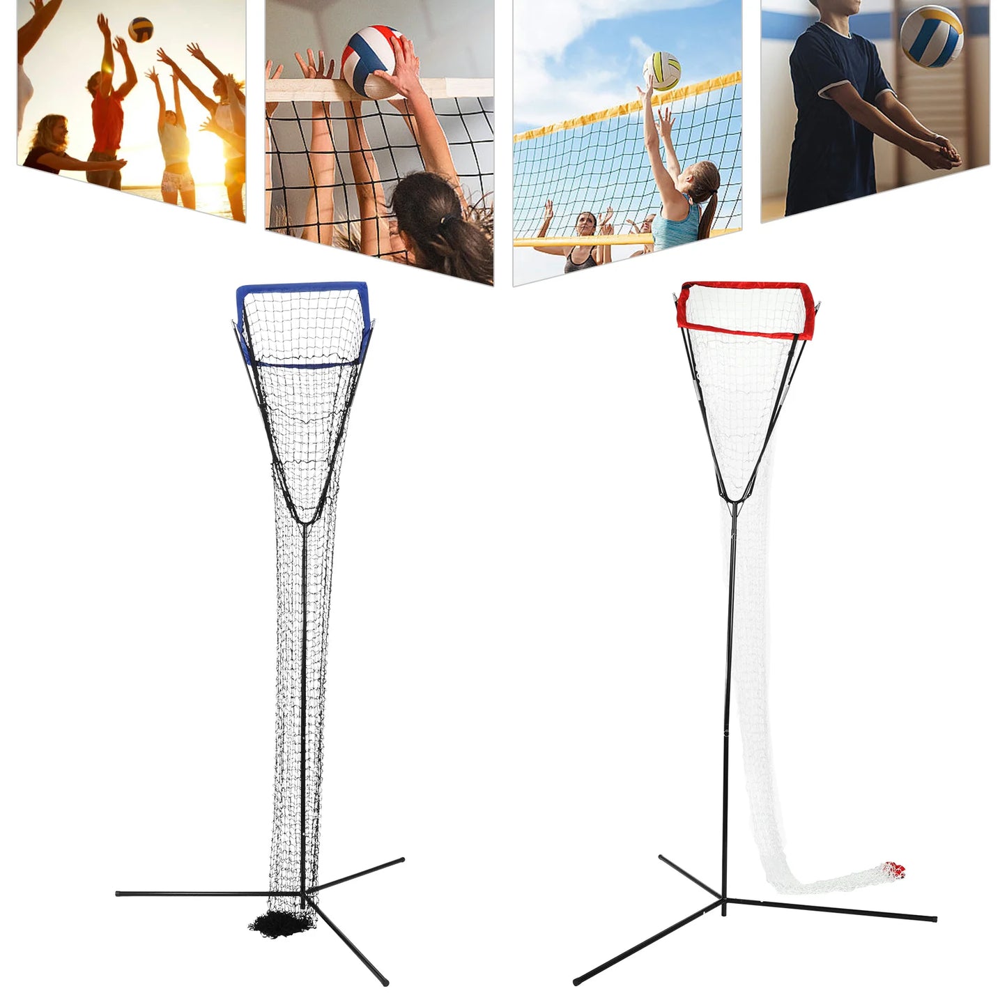 Volleyball Training Iron Net Frame,Black+Blue/Red Free Standing Volleyball Practice Net Adjustable Height and Angle for Patios