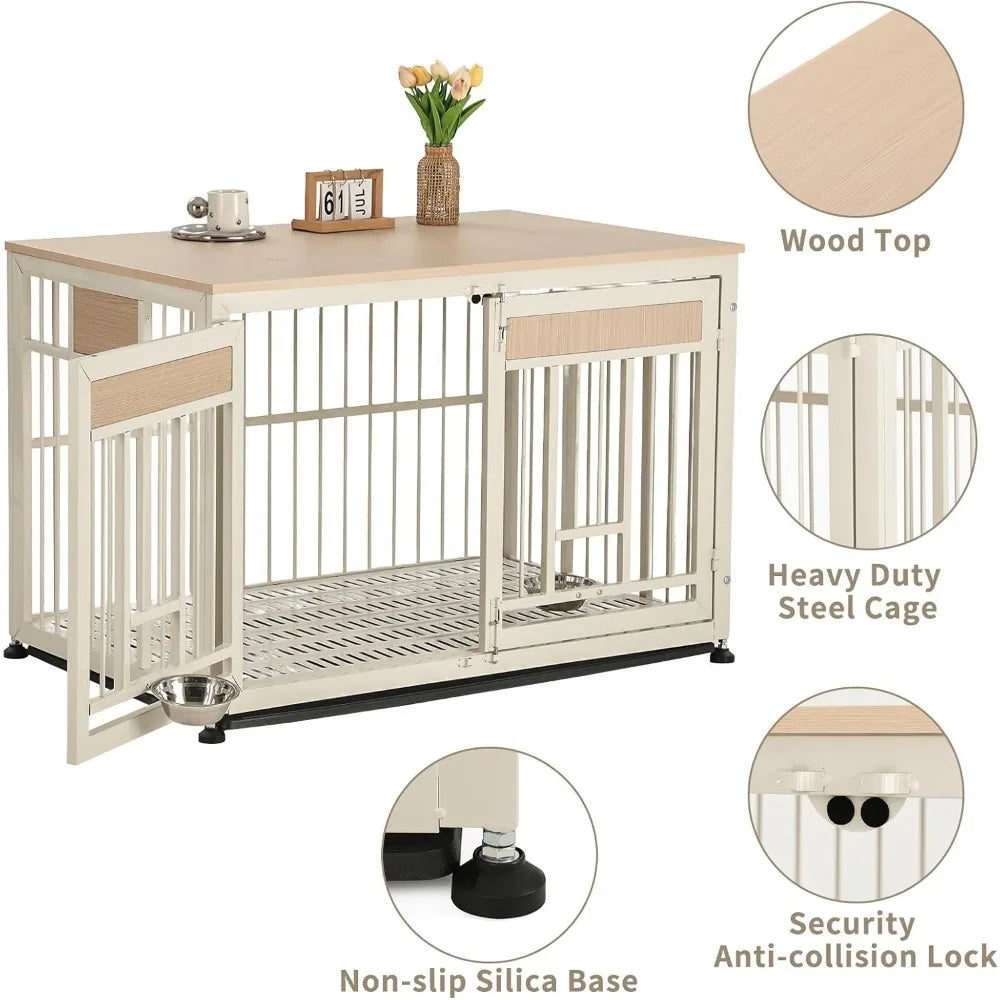 48 Inch Heavy Duty Dog Crate Furniture with Removable Tray & 2 Feeders, Decorative Pet House End Table, Extra Large Wooden