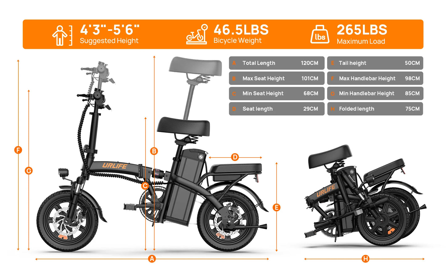 14" Foldable Electric bicycle for Adult, Peak 500W Motor with 48V 7.5Ah Removable Battery 40 Miles Range 3 Hours Charge Time