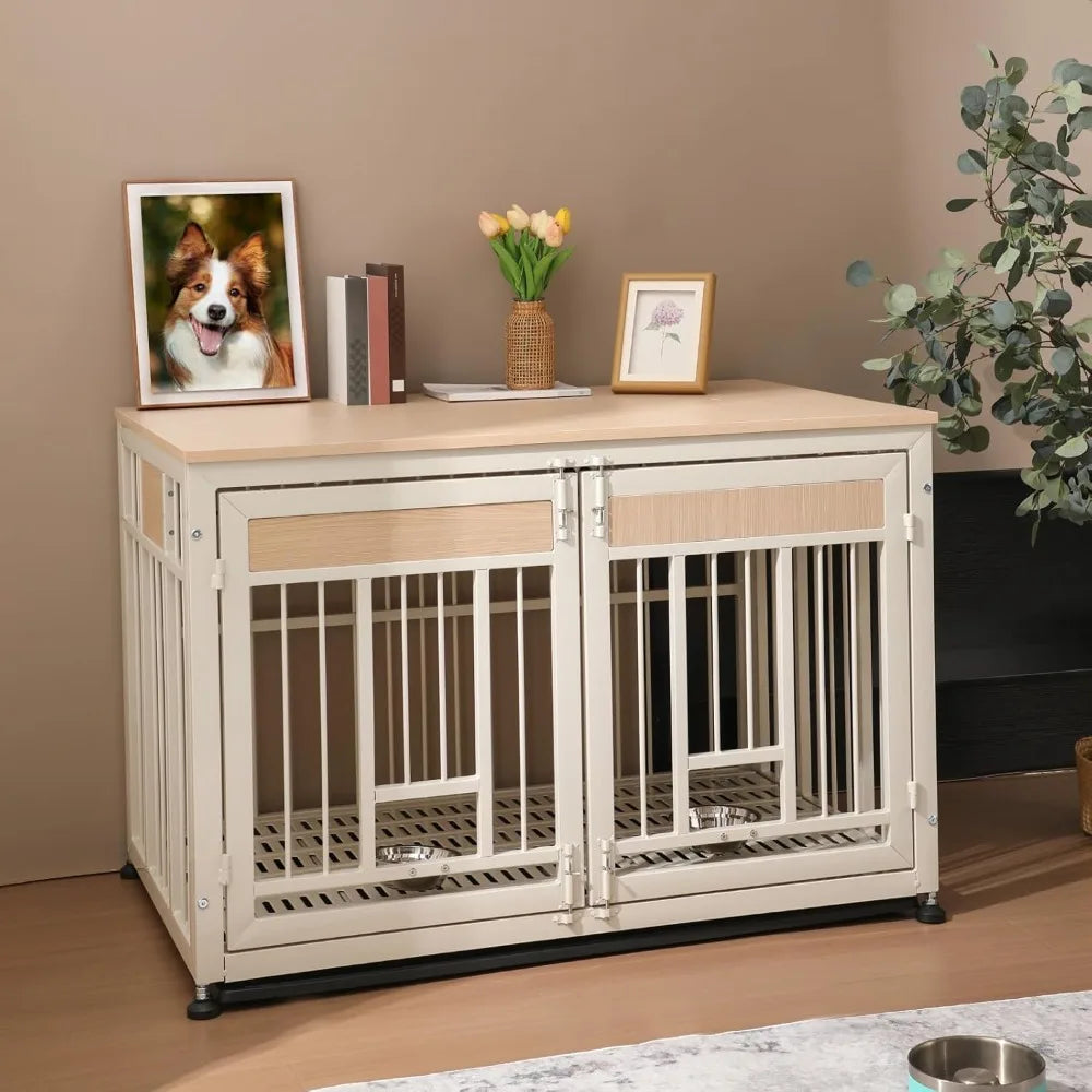 48 Inch Heavy Duty Dog Crate Furniture with Removable Tray & 2 Feeders, Decorative Pet House End Table, Extra Large Wooden