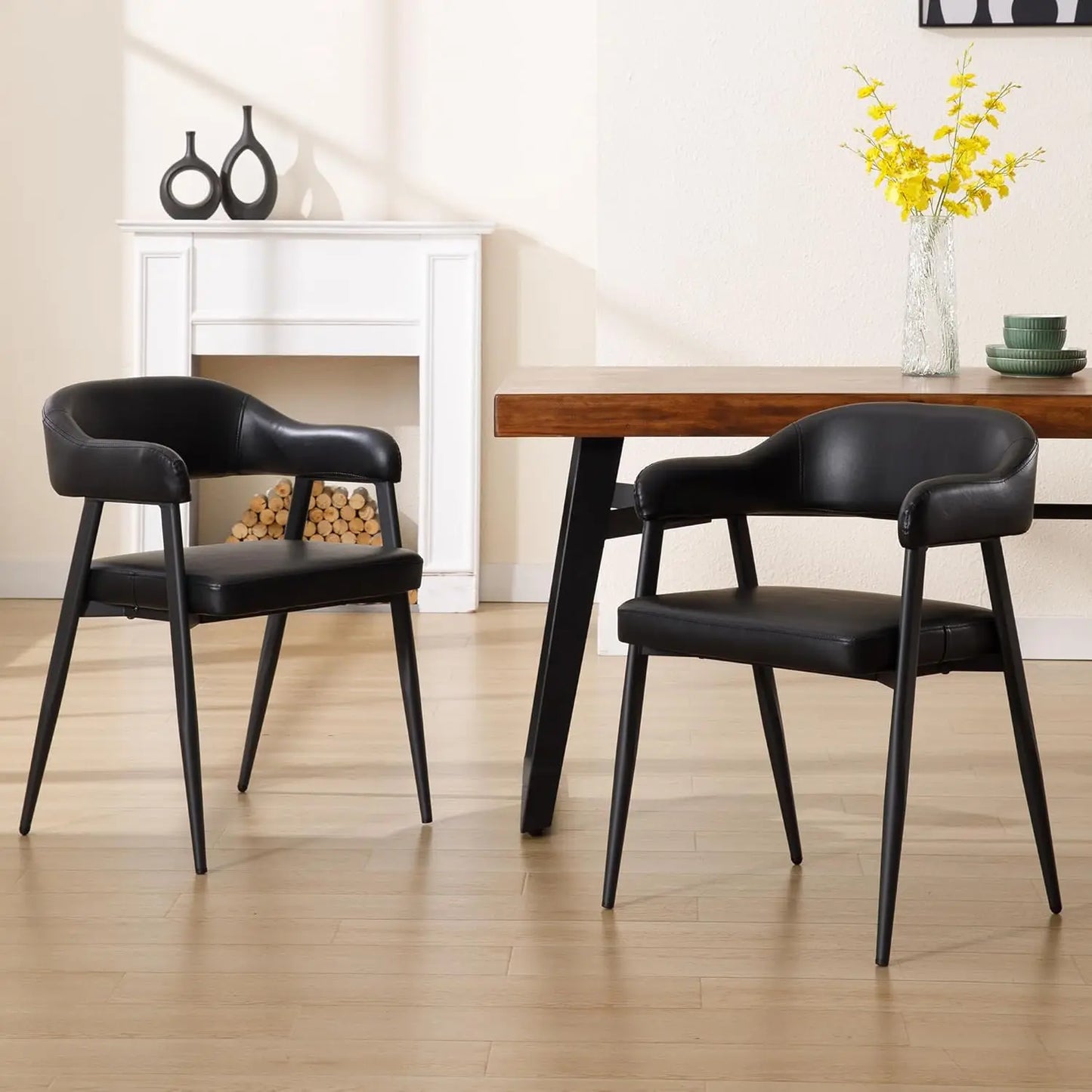 Leather Dining Chairs Set of 2 with Black Metal Legs, Mid Century Modern Kitchen Chairs with Curved Backrest
